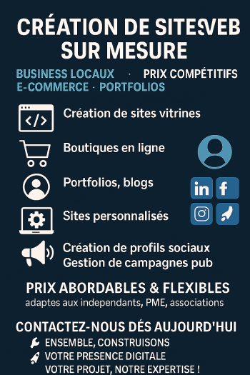 Création de sites web sur mesure – Business locaux, e-commerce, portfolios – Prix compétitifs
